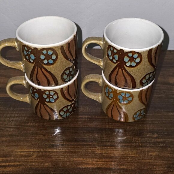 Set Of 4 Vintage MCM 1970s Ceramic Flower Print Coffee Cups/Mugs - READ - Picture 5 of 12